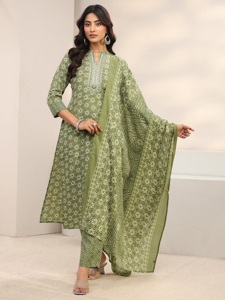 Green Geometric Printed Cotton Blend Straight Suit Set With Dupatta