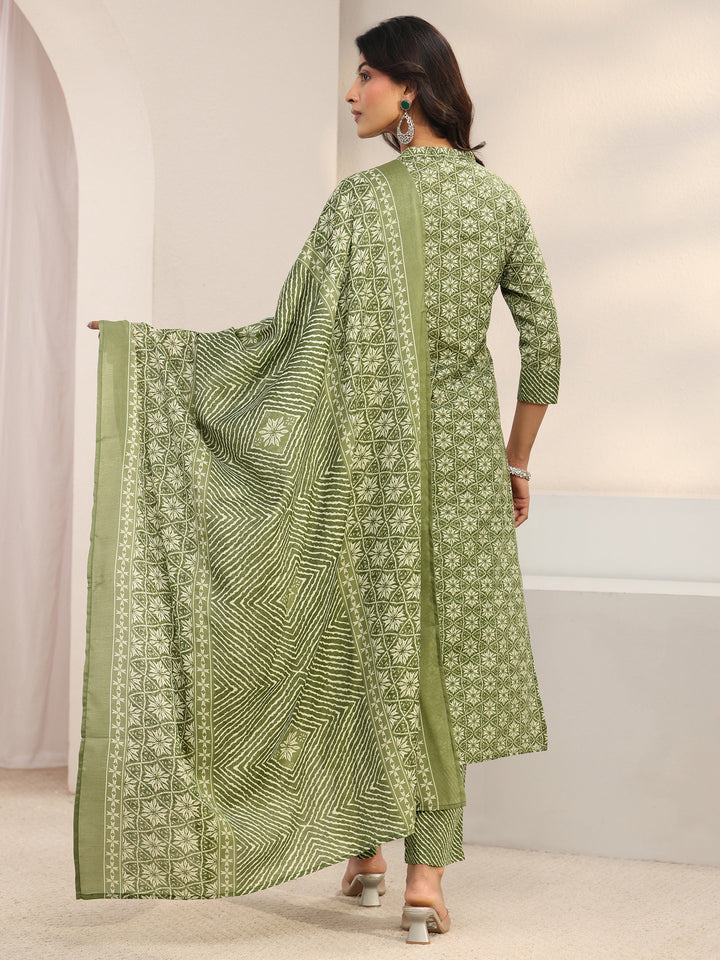Green Geometric Printed Cotton Blend Straight Suit Set With Dupatta