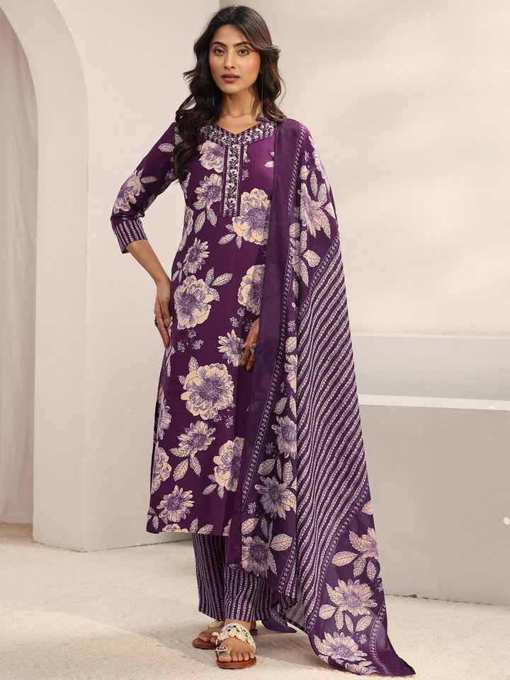Purple Floral Printed Cotton Blend Straight Suit Set With Dupatta