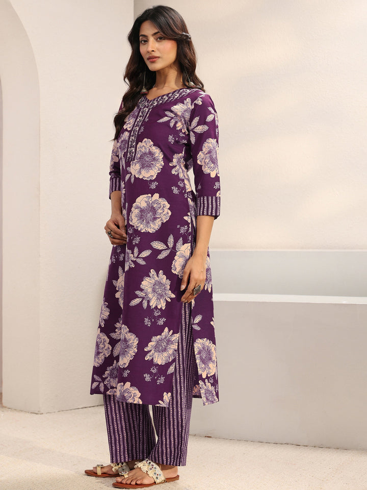 Purple Floral Printed Cotton Blend Straight Suit Set With Dupatta