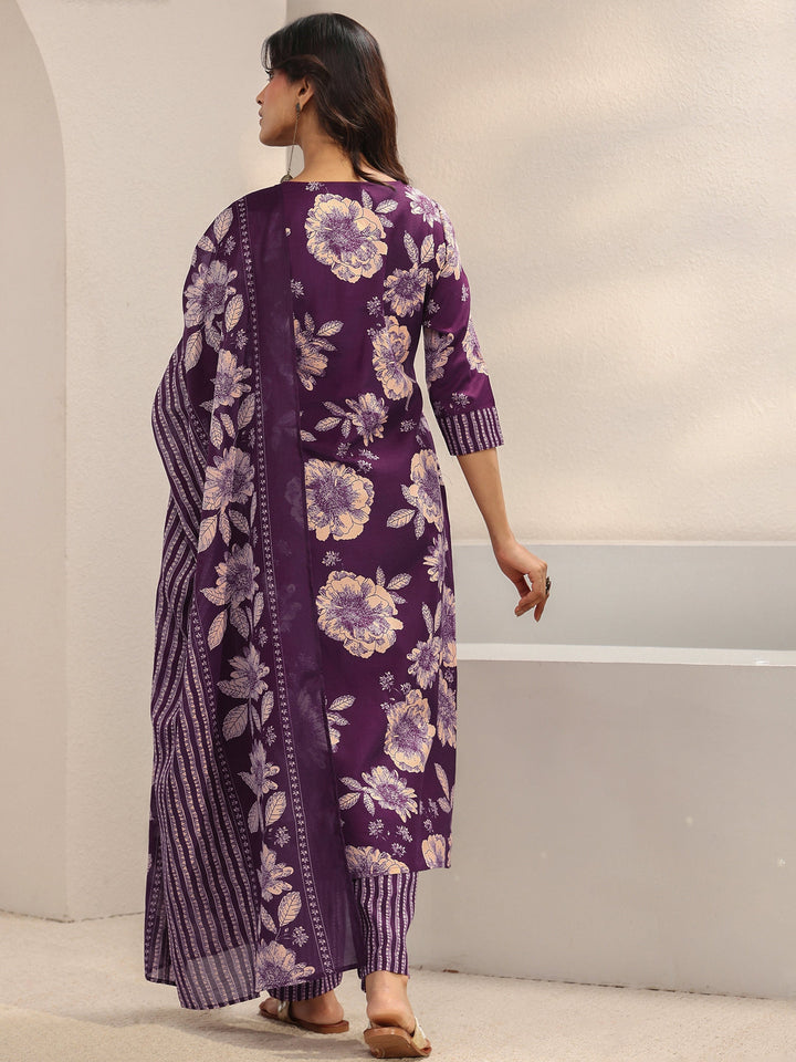 Purple Floral Printed Cotton Blend Straight Suit Set With Dupatta