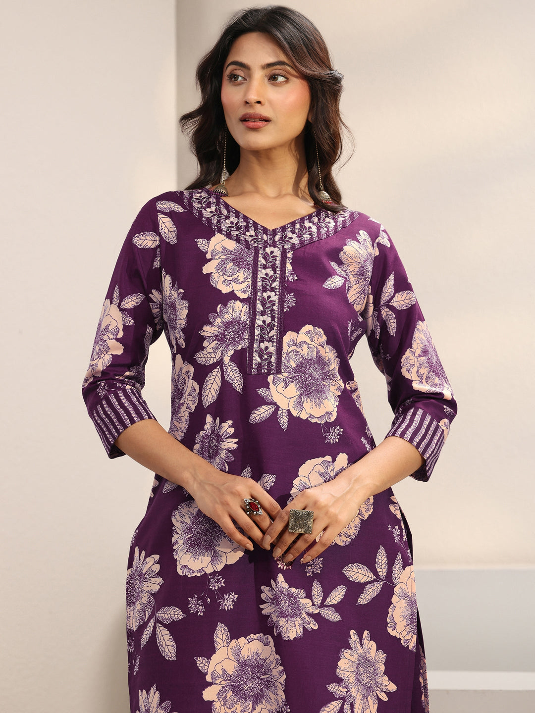 Purple Floral Printed Cotton Blend Straight Suit Set With Dupatta
