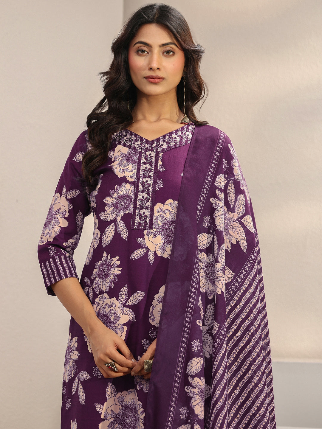 Purple Floral Printed Cotton Blend Straight Suit Set With Dupatta