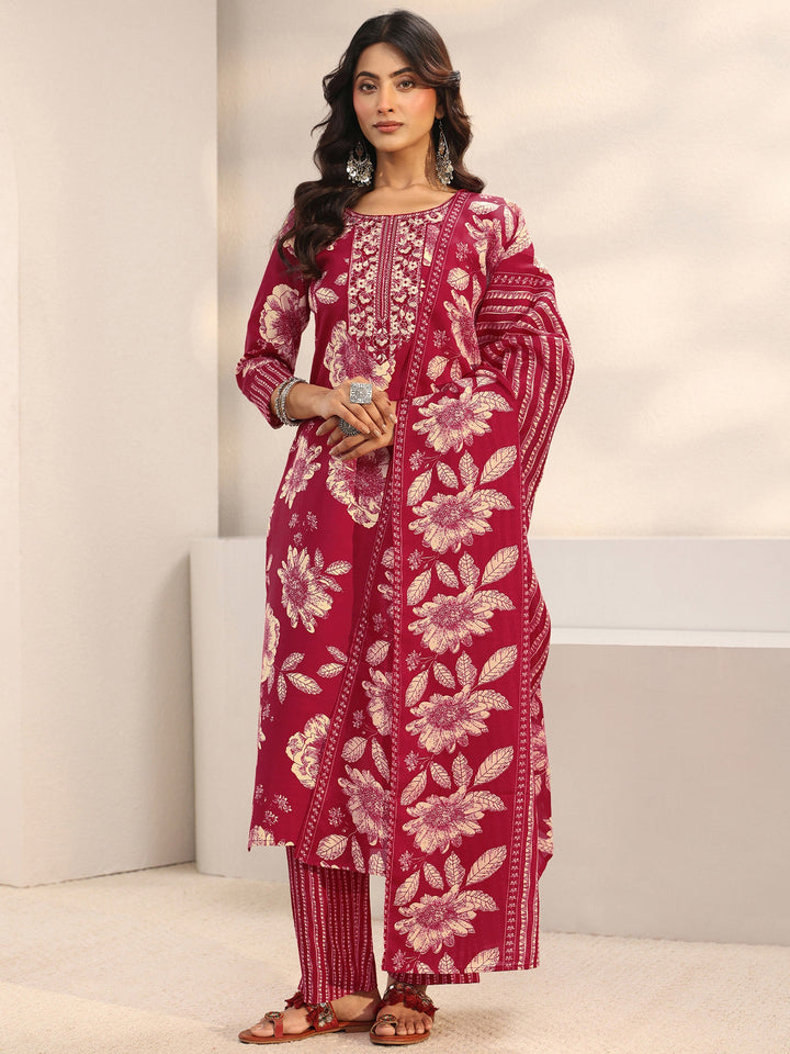 Red Floral Printed Cotton Blend Straight Suit Set With Dupatta