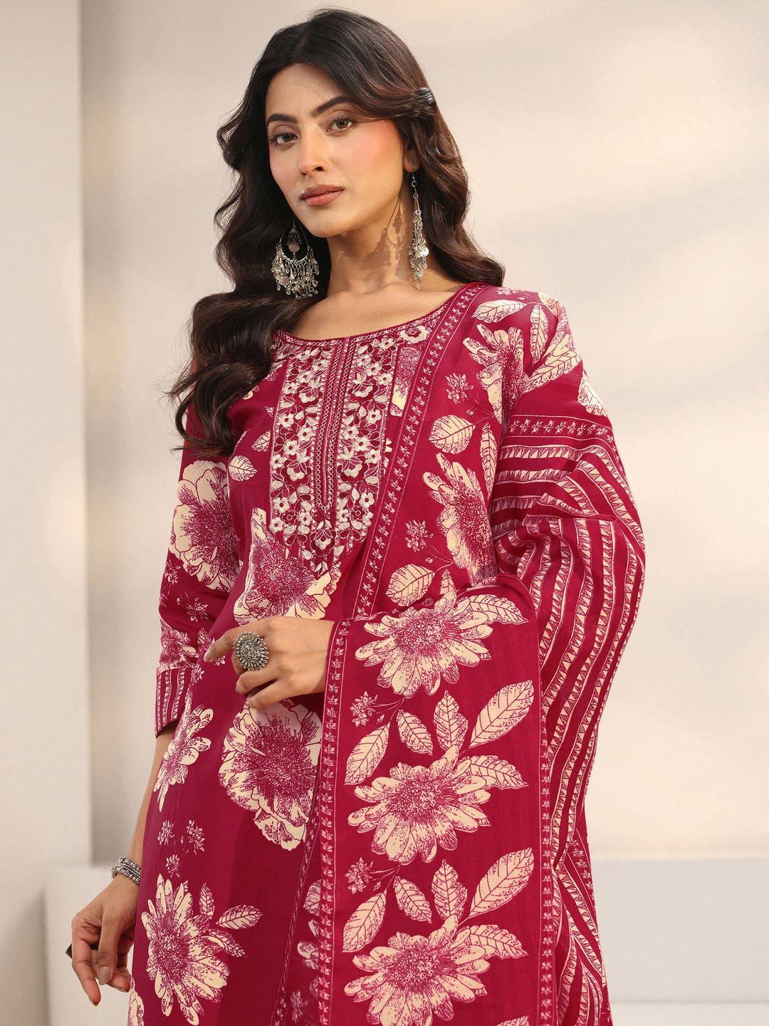 Red Floral Printed Cotton Blend Straight Suit Set With Dupatta