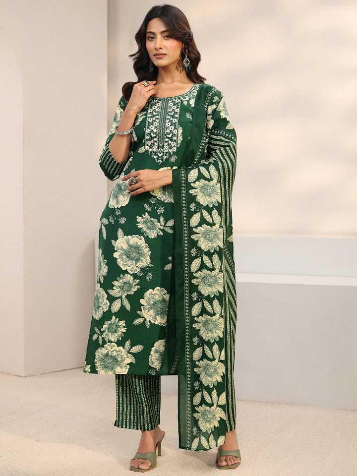 Green Floral Printed Cotton Blend Straight Suit Set With Dupatta
