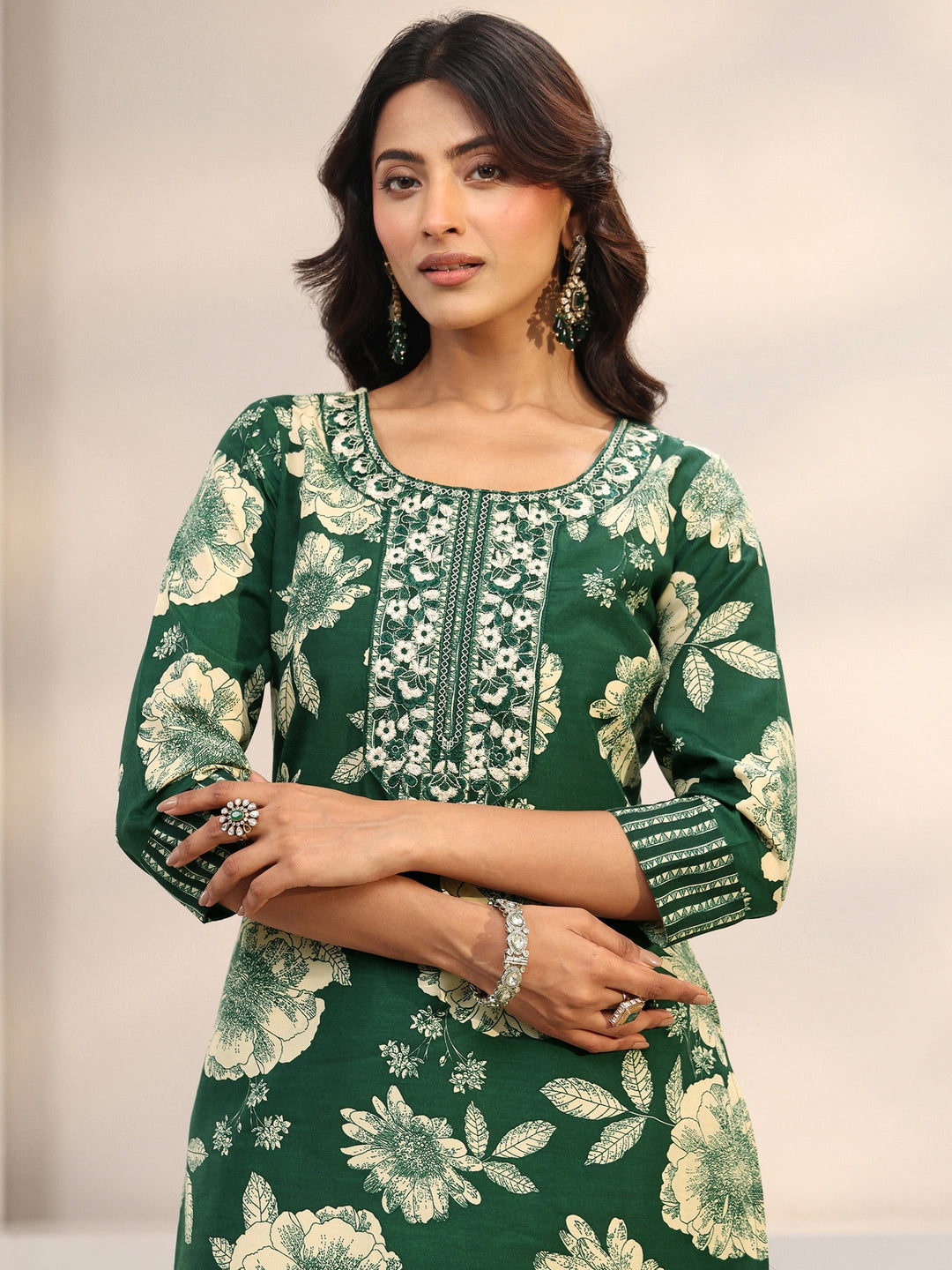 Green Floral Printed Cotton Blend Straight Suit Set With Dupatta