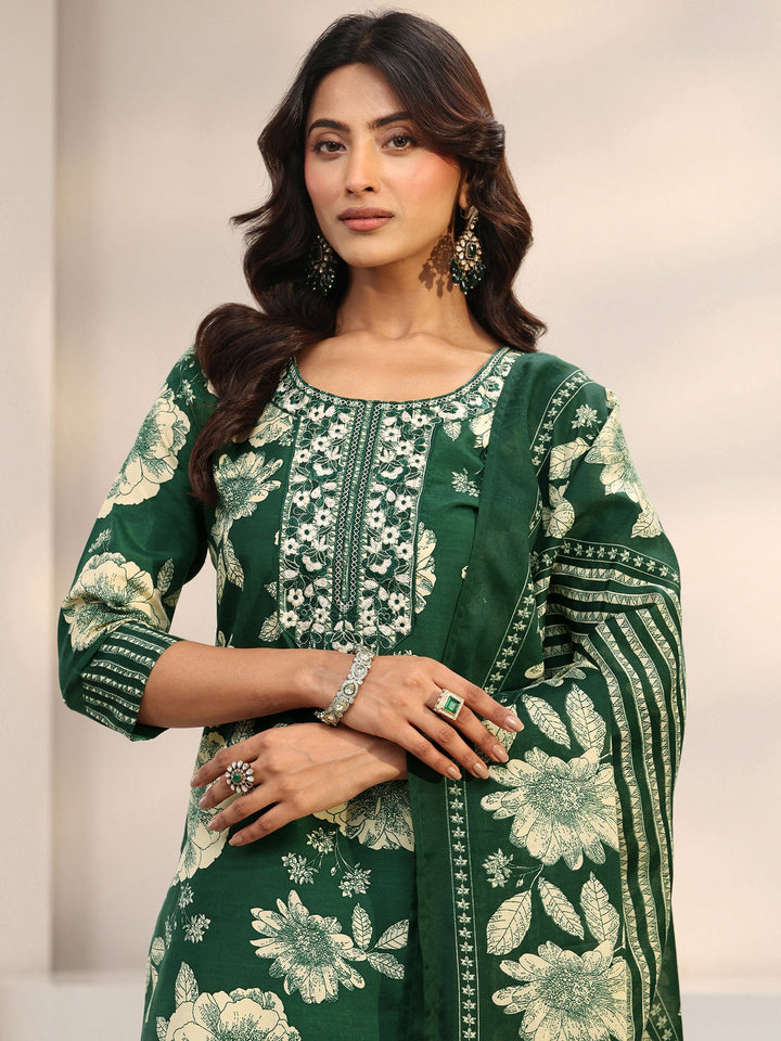 Green Floral Printed Cotton Blend Straight Suit Set With Dupatta