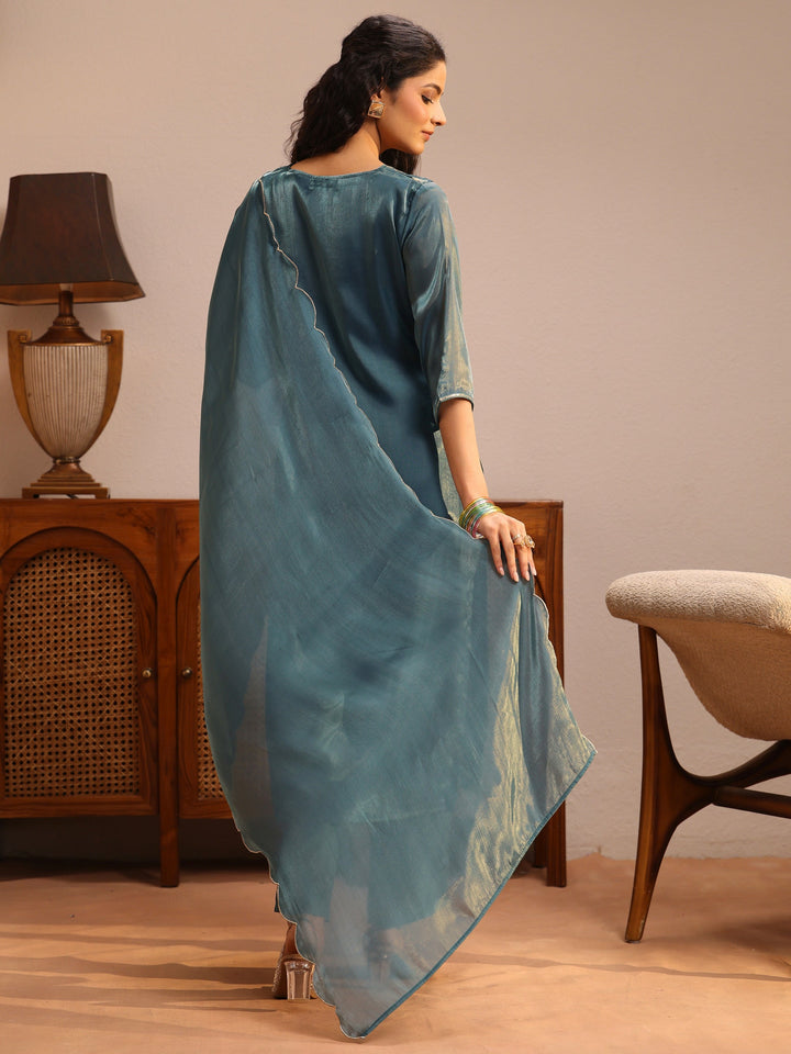 Teal Ethnic Embroidered Tissue Straight Suit Set