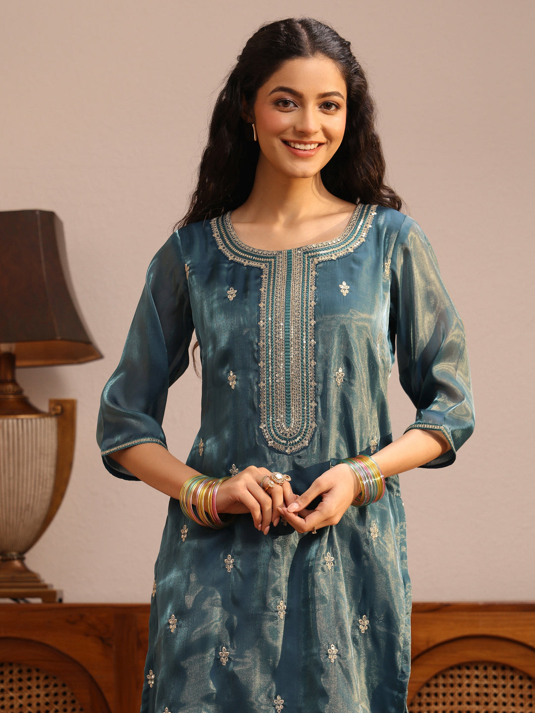 Teal Ethnic Embroidered Tissue Straight Suit Set