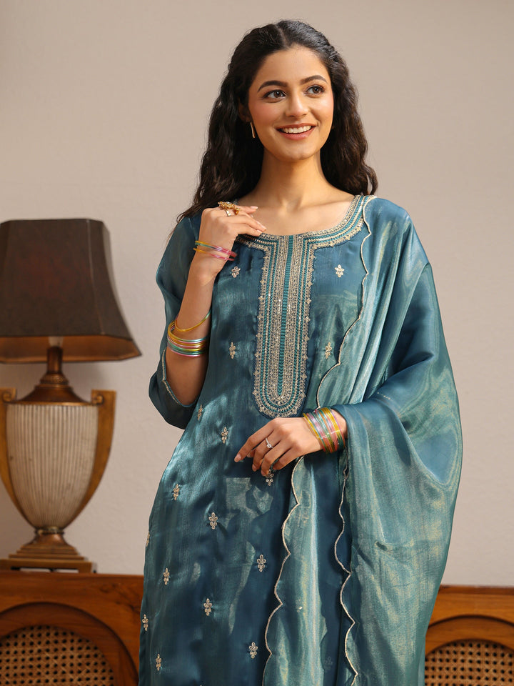 Teal Ethnic Embroidered Tissue Straight Suit Set