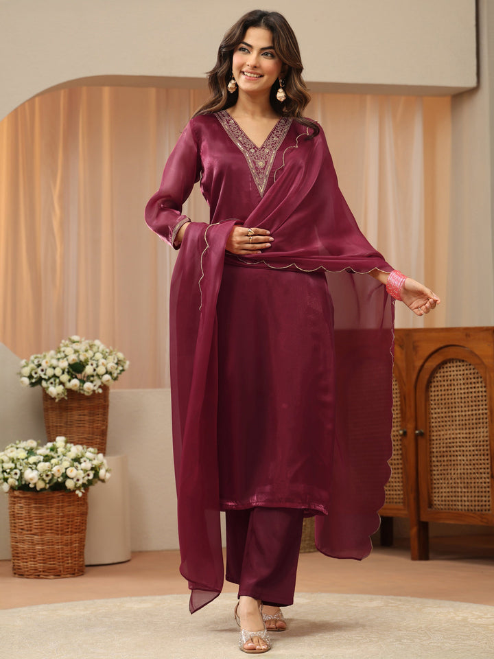 Red Yoke Design Tissue Straight Suit Set