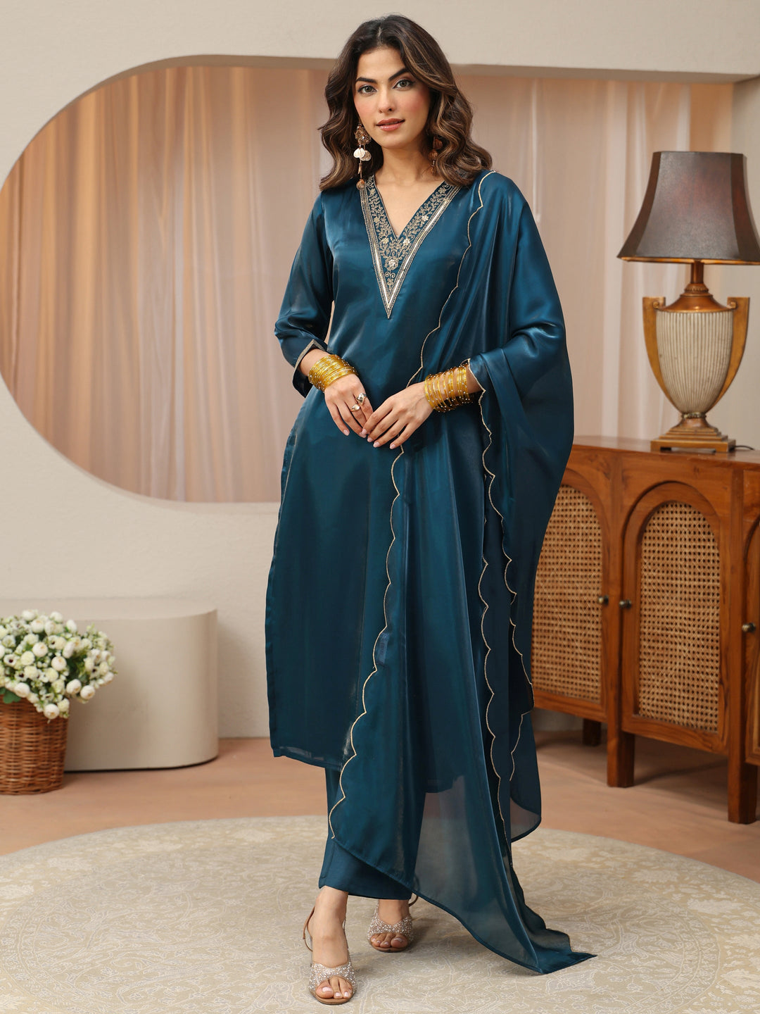 Blue Yoke Design Tissue Straight Suit Set