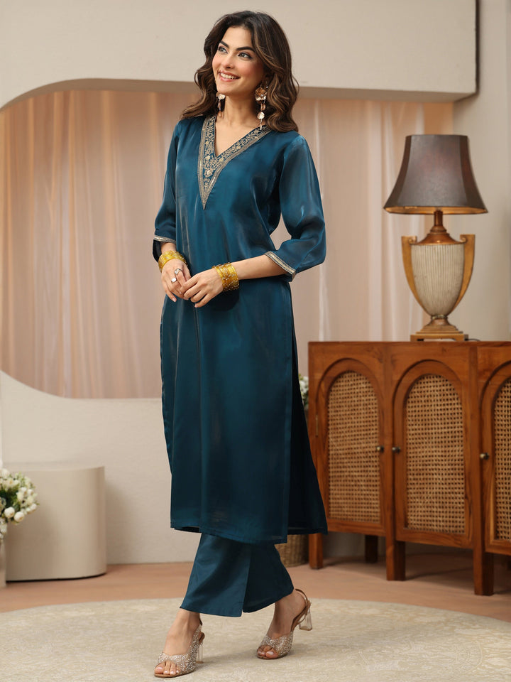 Blue Yoke Design Tissue Straight Suit Set