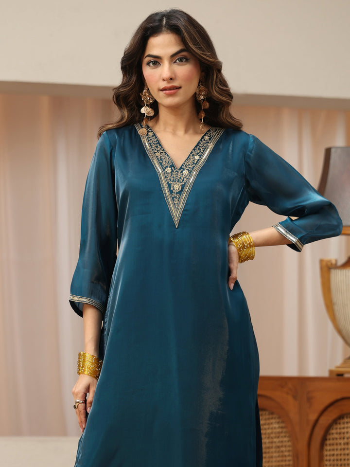 Blue Yoke Design Tissue Straight Suit Set
