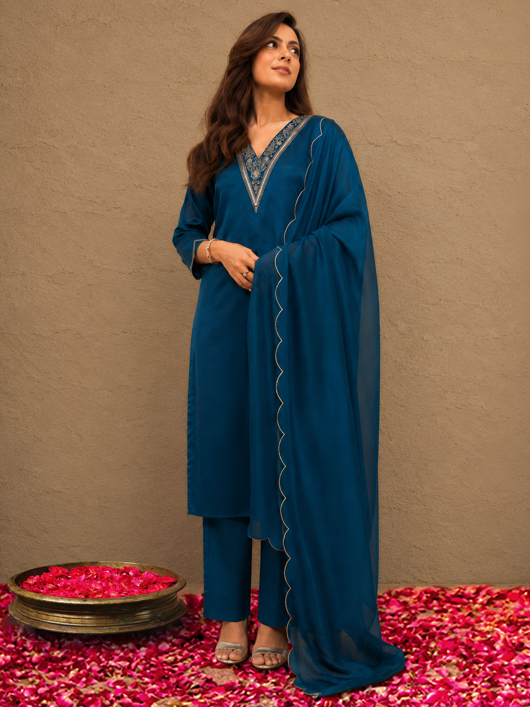 Gerua Blue Yoke Design Tissue Straight Suit Set