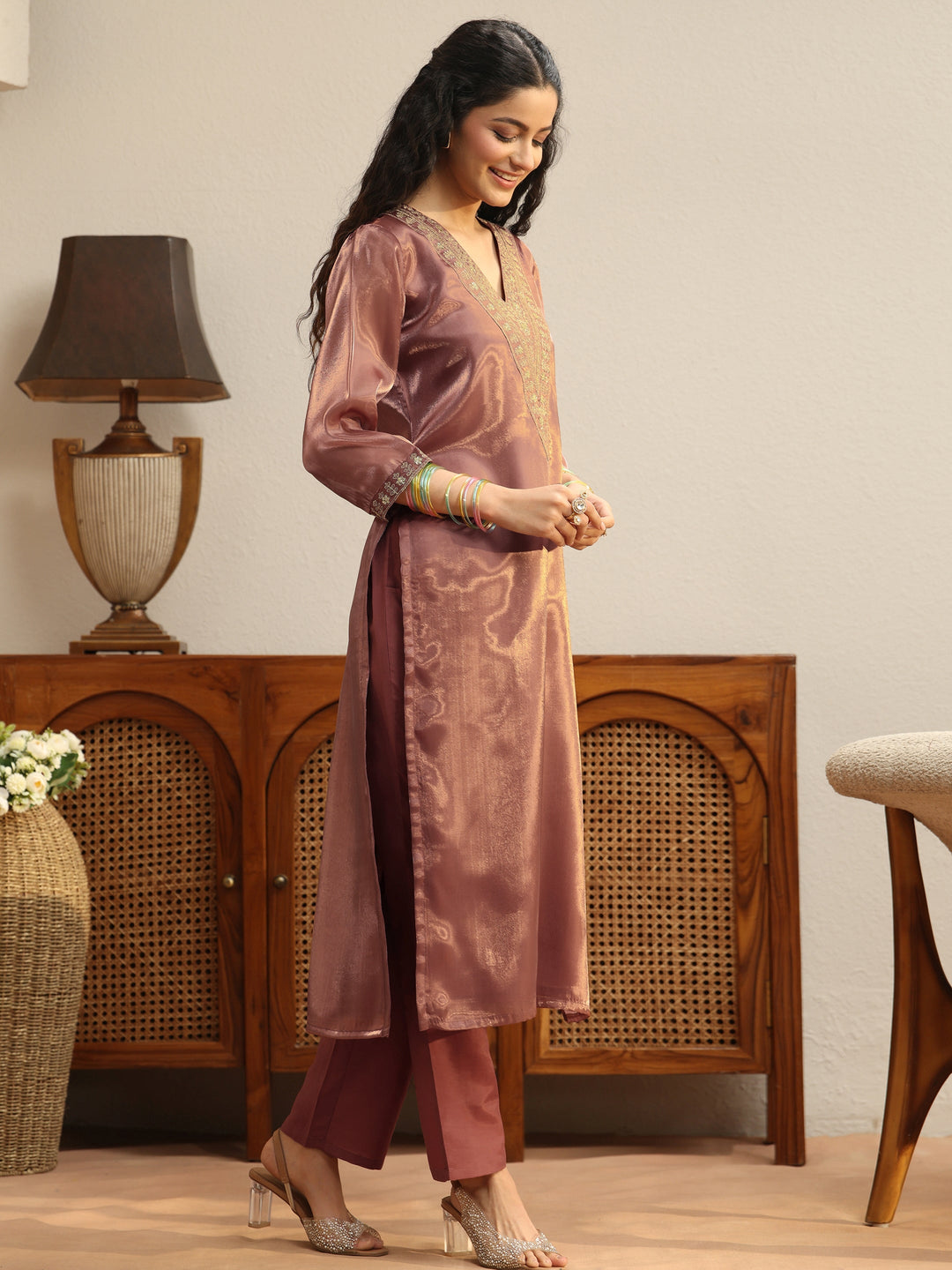 Brown Yoke Design Tissue Straight Suit Set