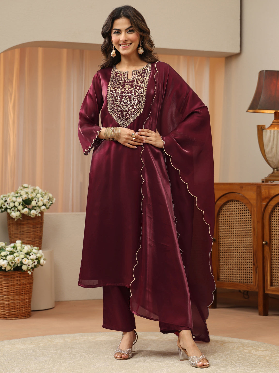 Maroon Yoke Design Tissue Straight Suit Set