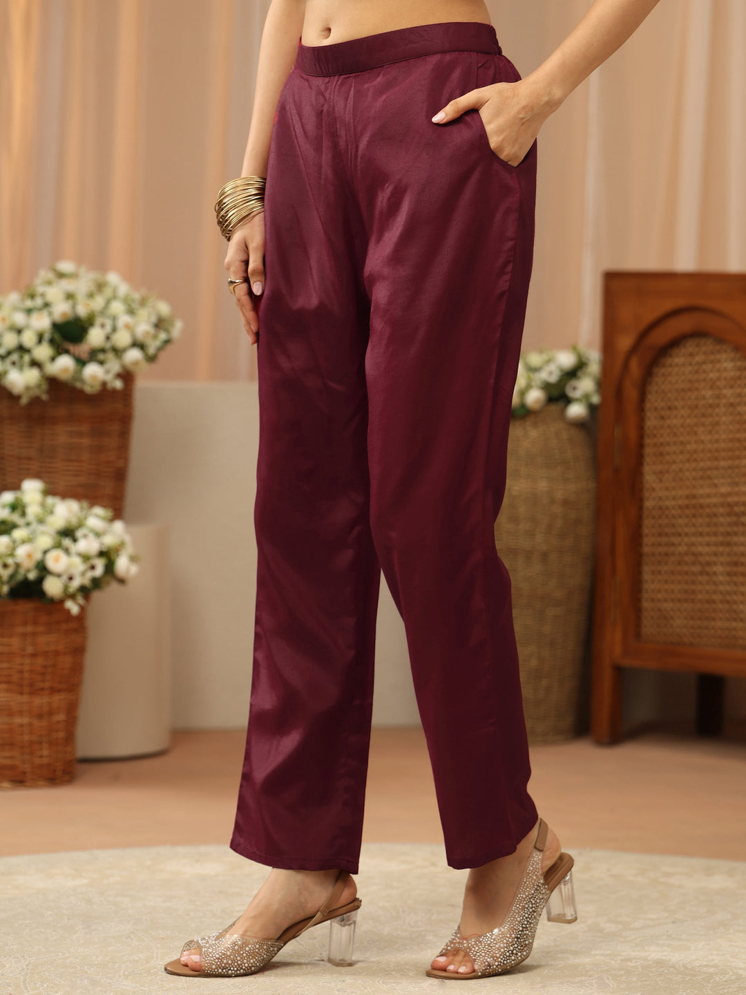 Maroon Yoke Design Tissue Straight Suit Set