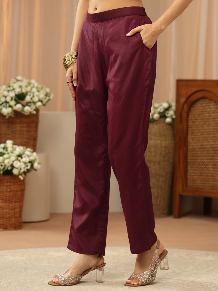 Maroon Yoke Design Tissue Straight Suit Set