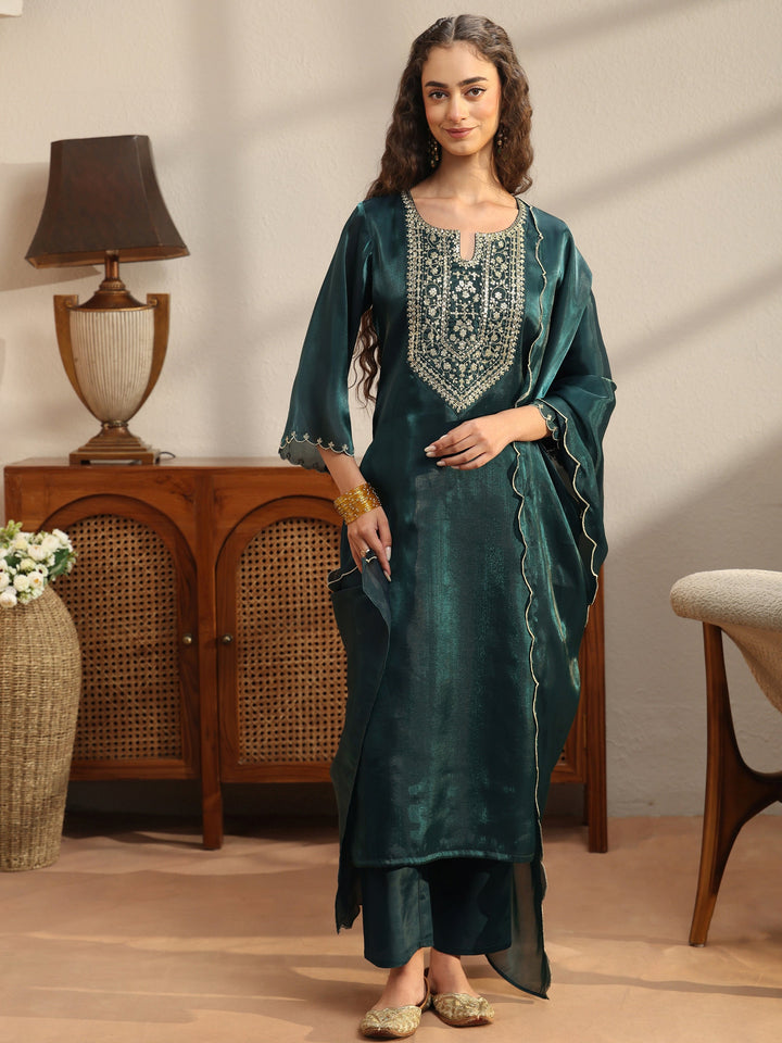 Teal Yoke Design Tissue Straight Suit Set