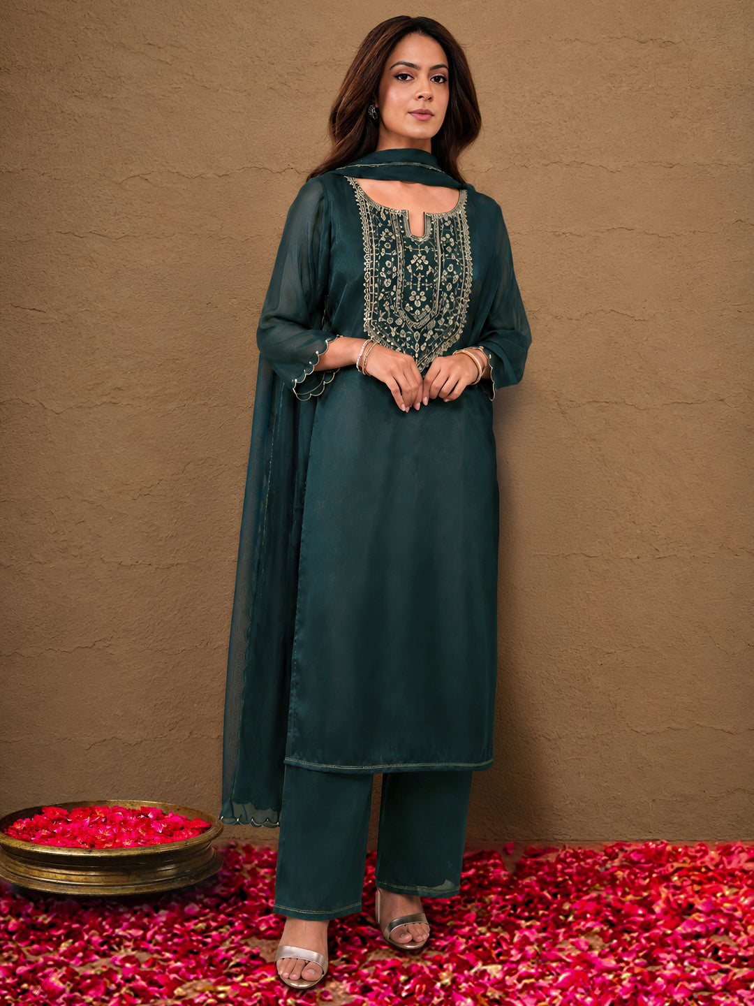 Gerua Teal Yoke Design Tissue Straight Suit Set