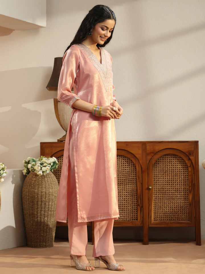 Peach Yoke Design Tissue Straight Suit Set