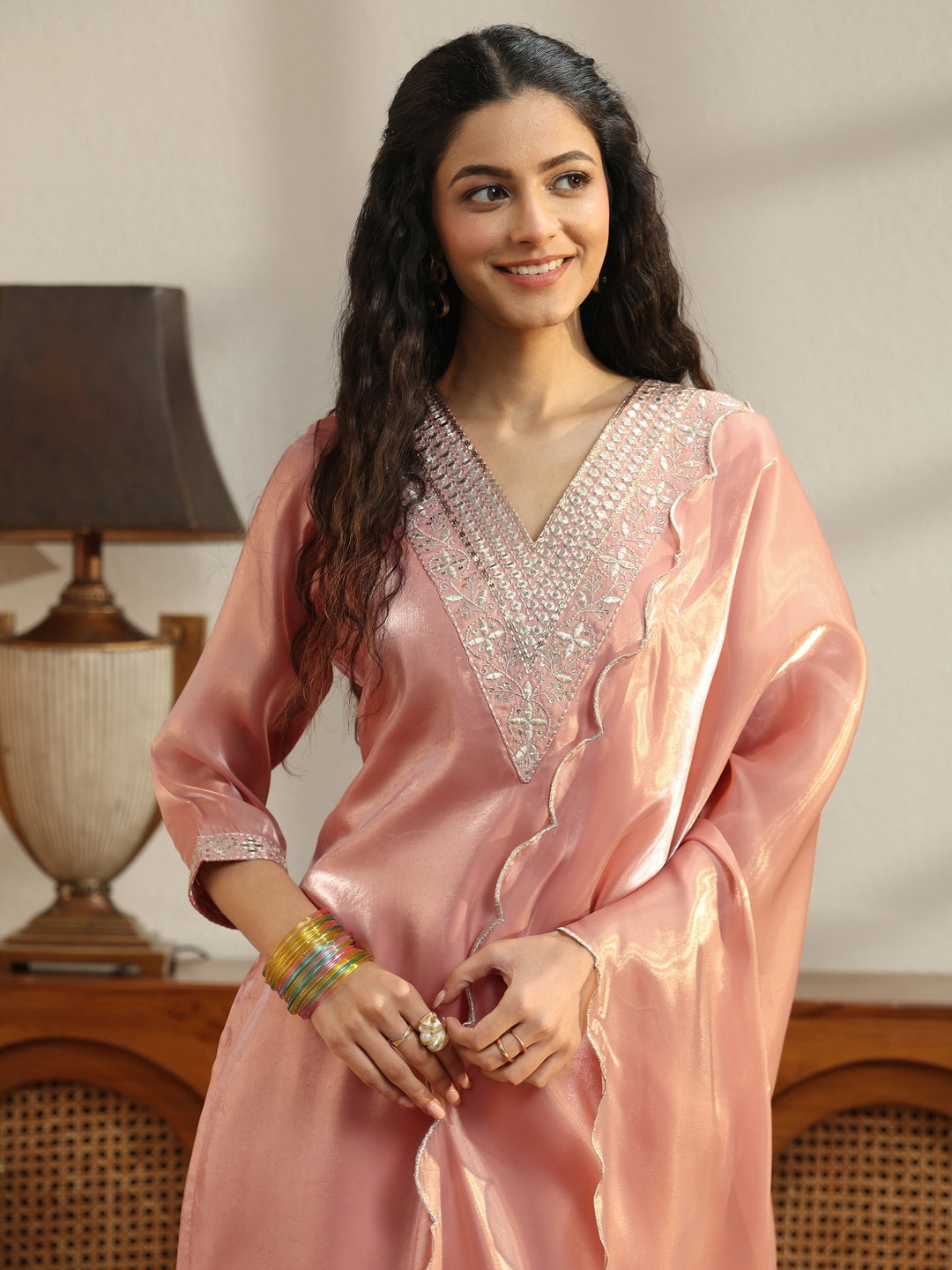 Peach Yoke Design Tissue Straight Suit Set