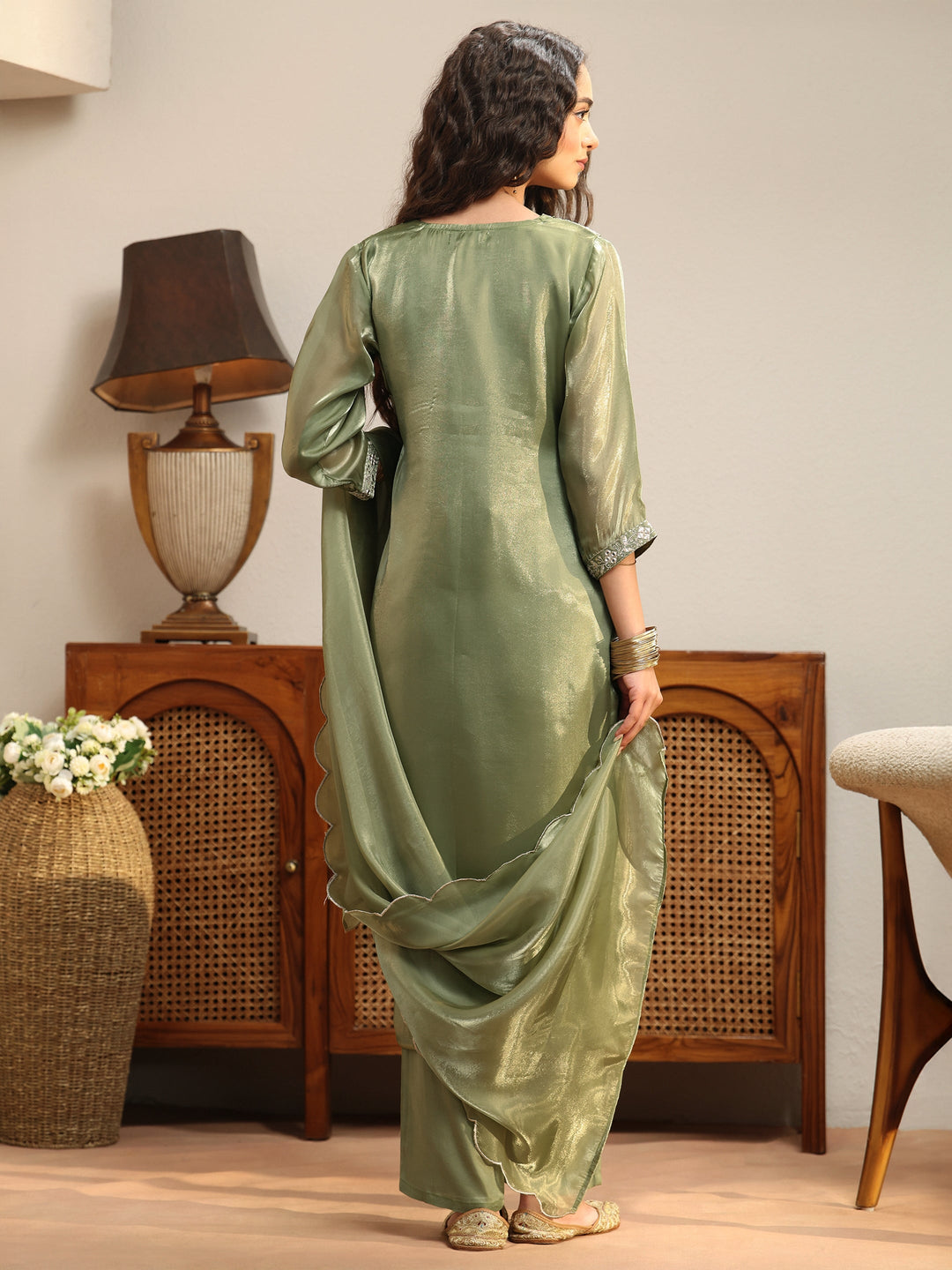 Green Yoke Design Tissue Straight Suit Set