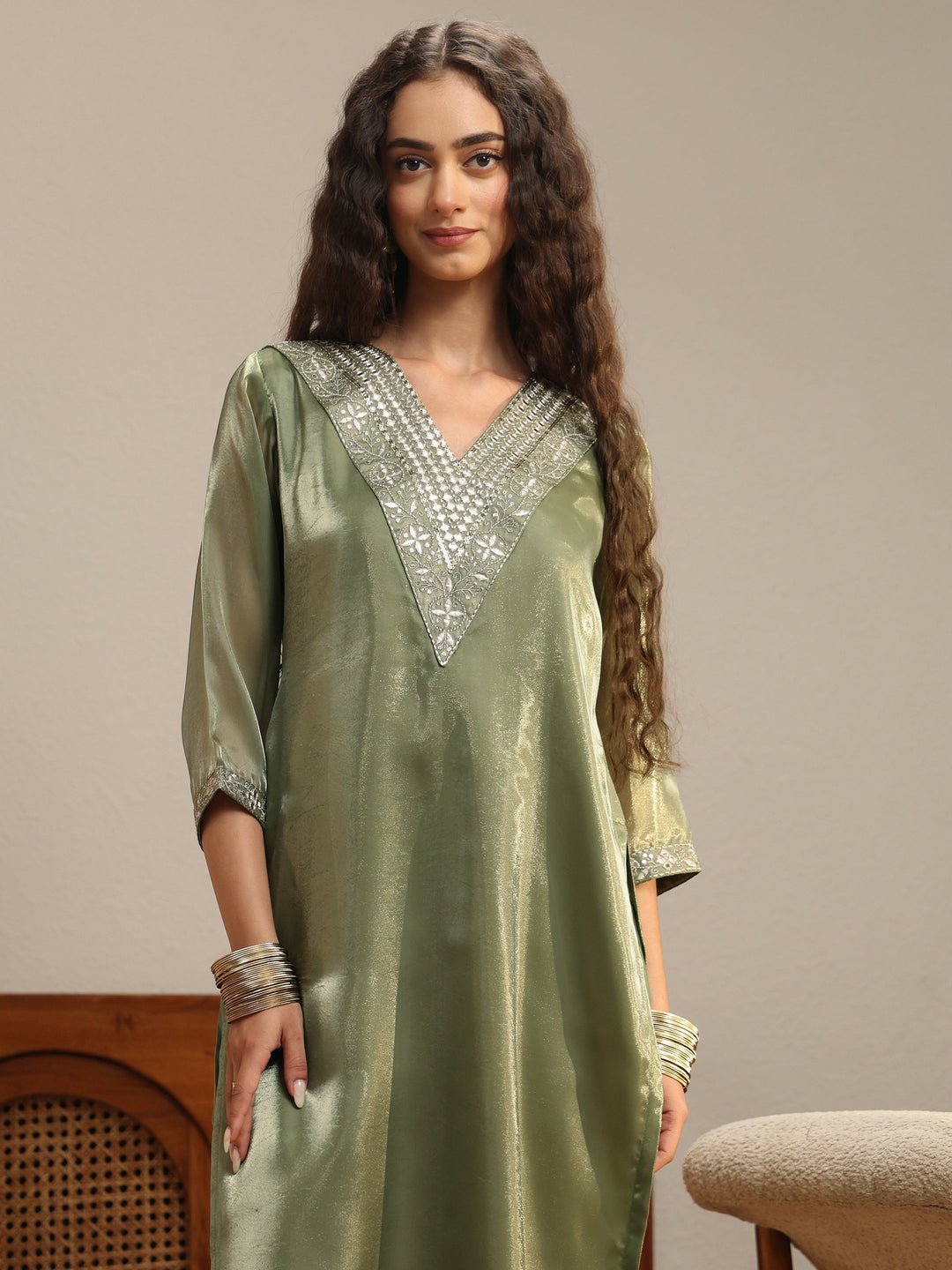 Green Yoke Design Tissue Straight Suit Set