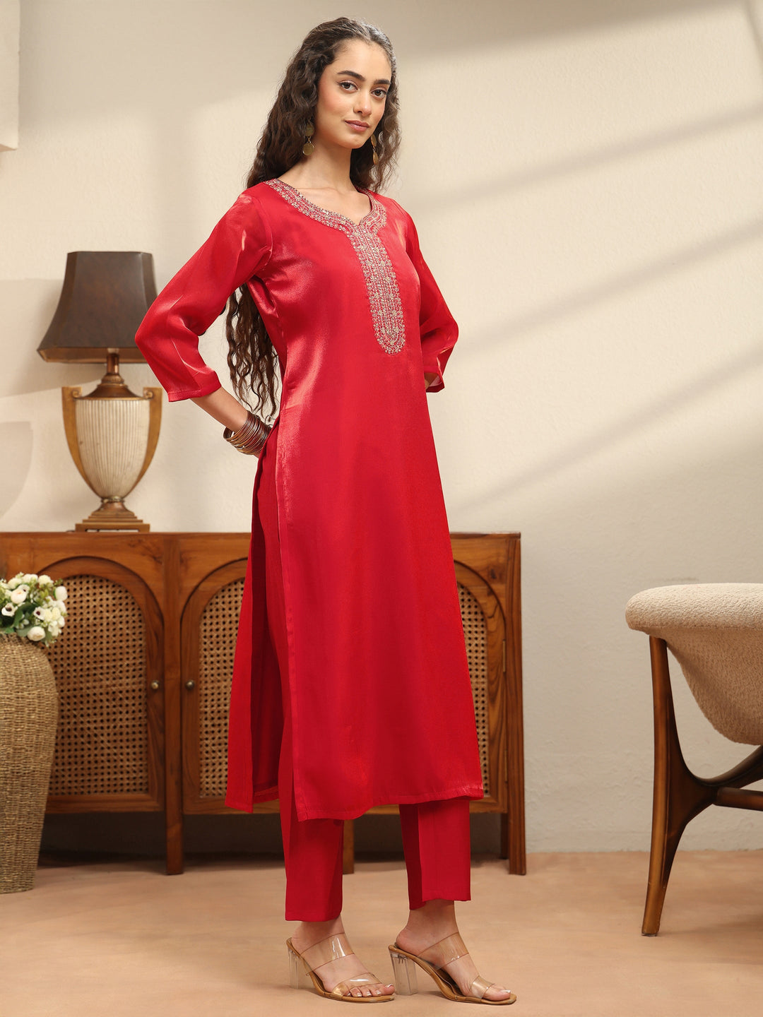 Red Yoke Design Tissue Straight Suit Set