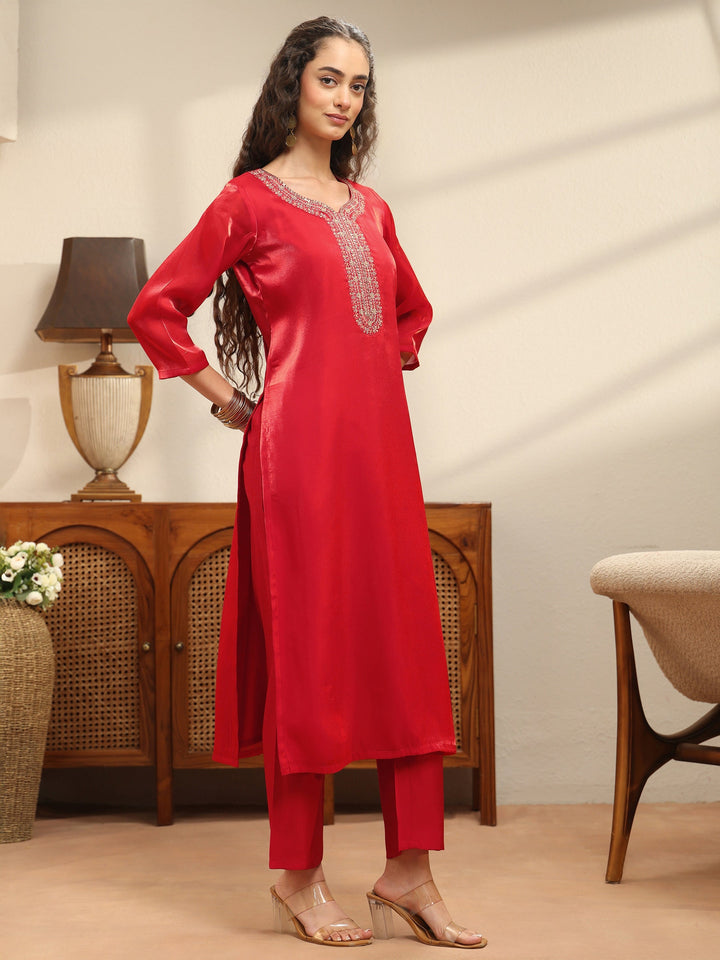Red Yoke Design Tissue Straight Suit Set