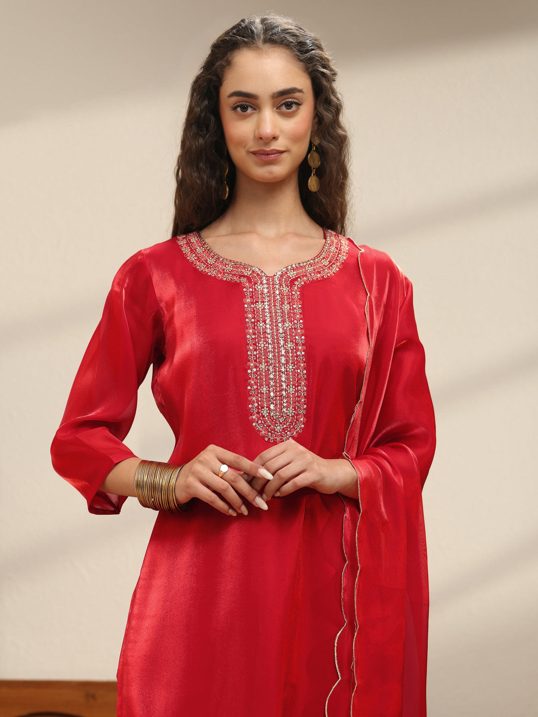 Red Yoke Design Tissue Straight Suit Set