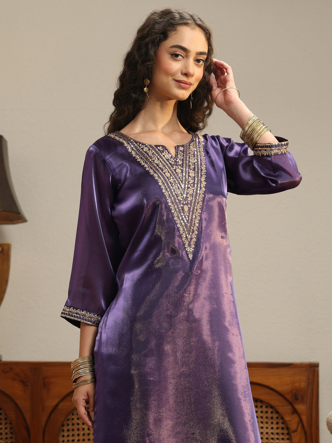 Purple Yoke Design Tissue Straight Suit Set