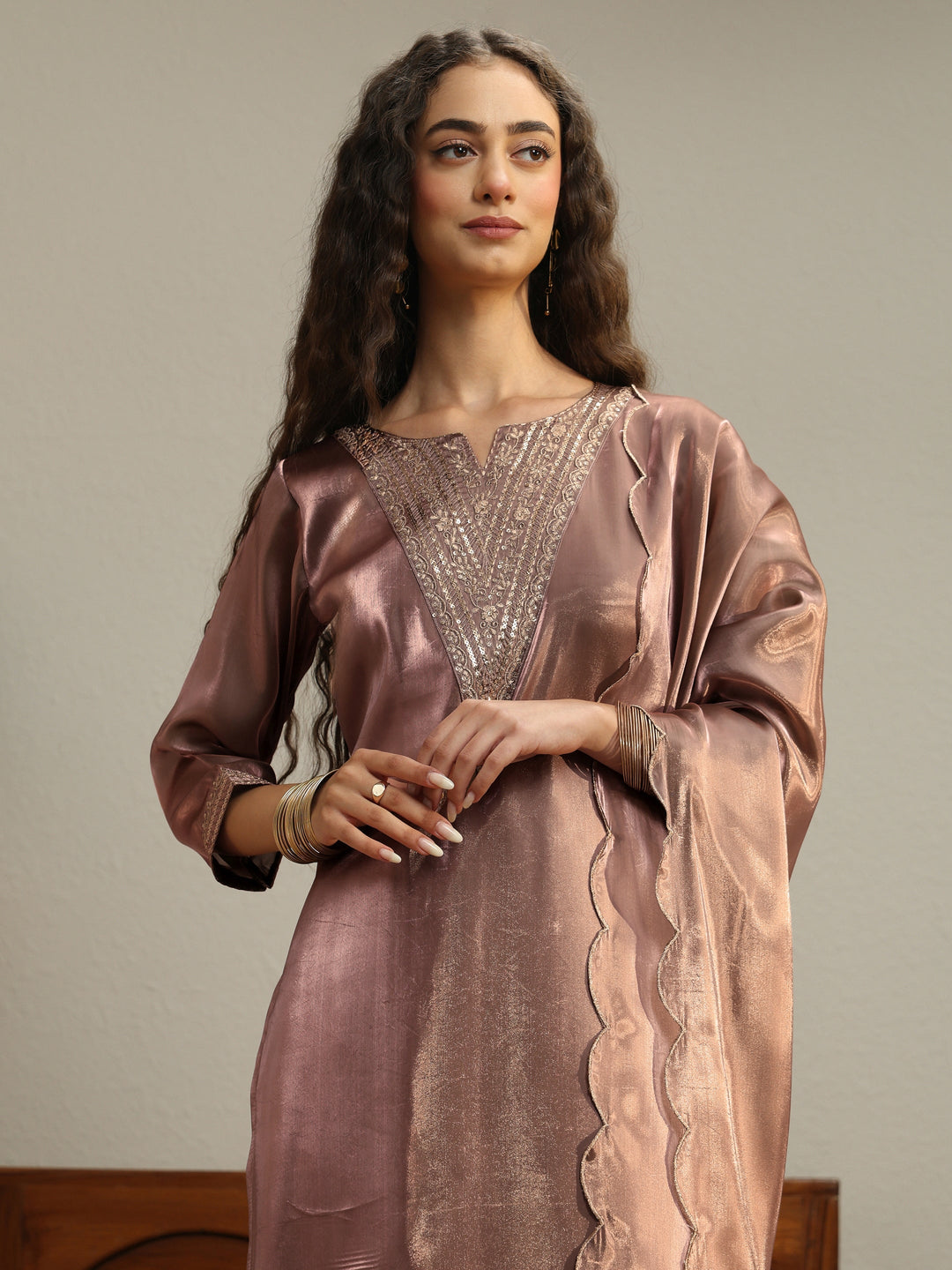 Mauve Yoke Design Tissue Straight Suit Set