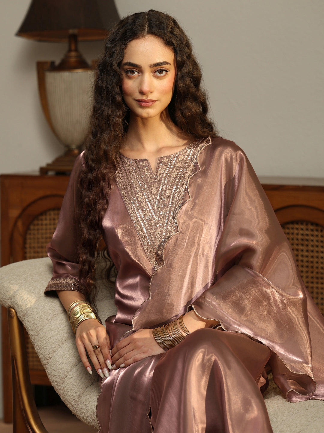 Mauve Yoke Design Tissue Straight Suit Set