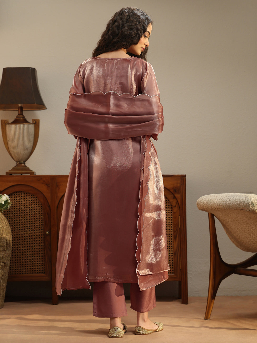 Peach Yoke Design Tissue Straight Suit Set