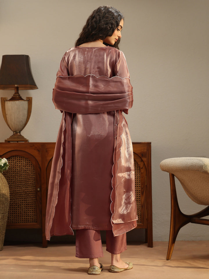 Peach Yoke Design Tissue Straight Suit Set