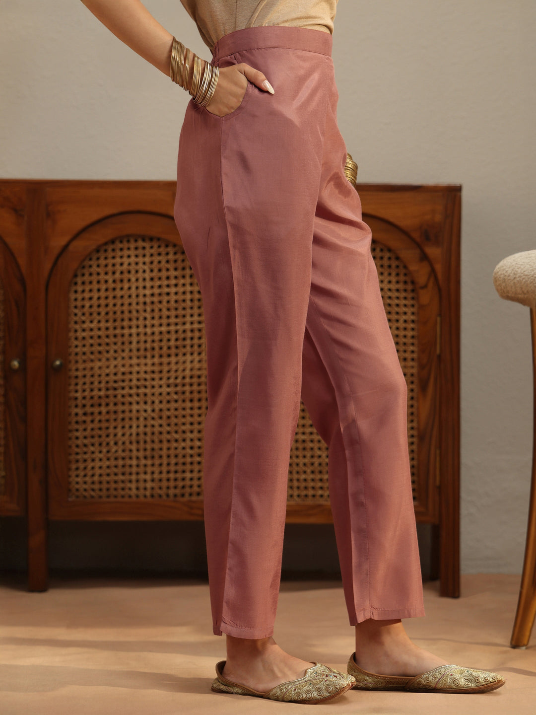 Peach Yoke Design Tissue Straight Suit Set
