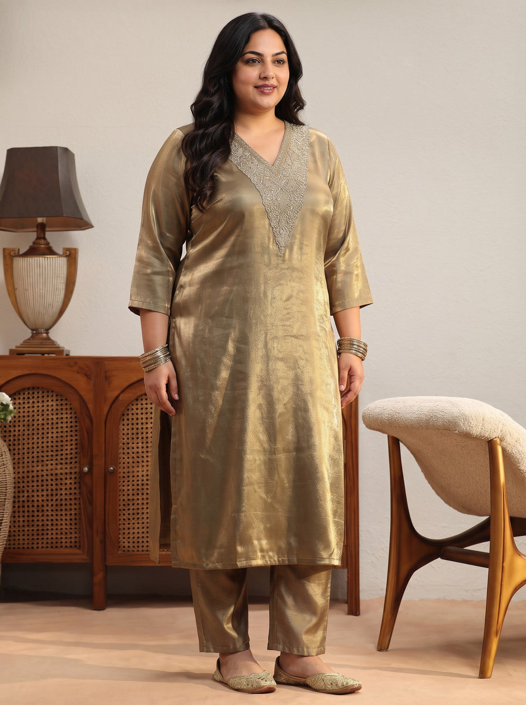 Plus Size Olive Green Yoke Design Tissue Straight Suit Set