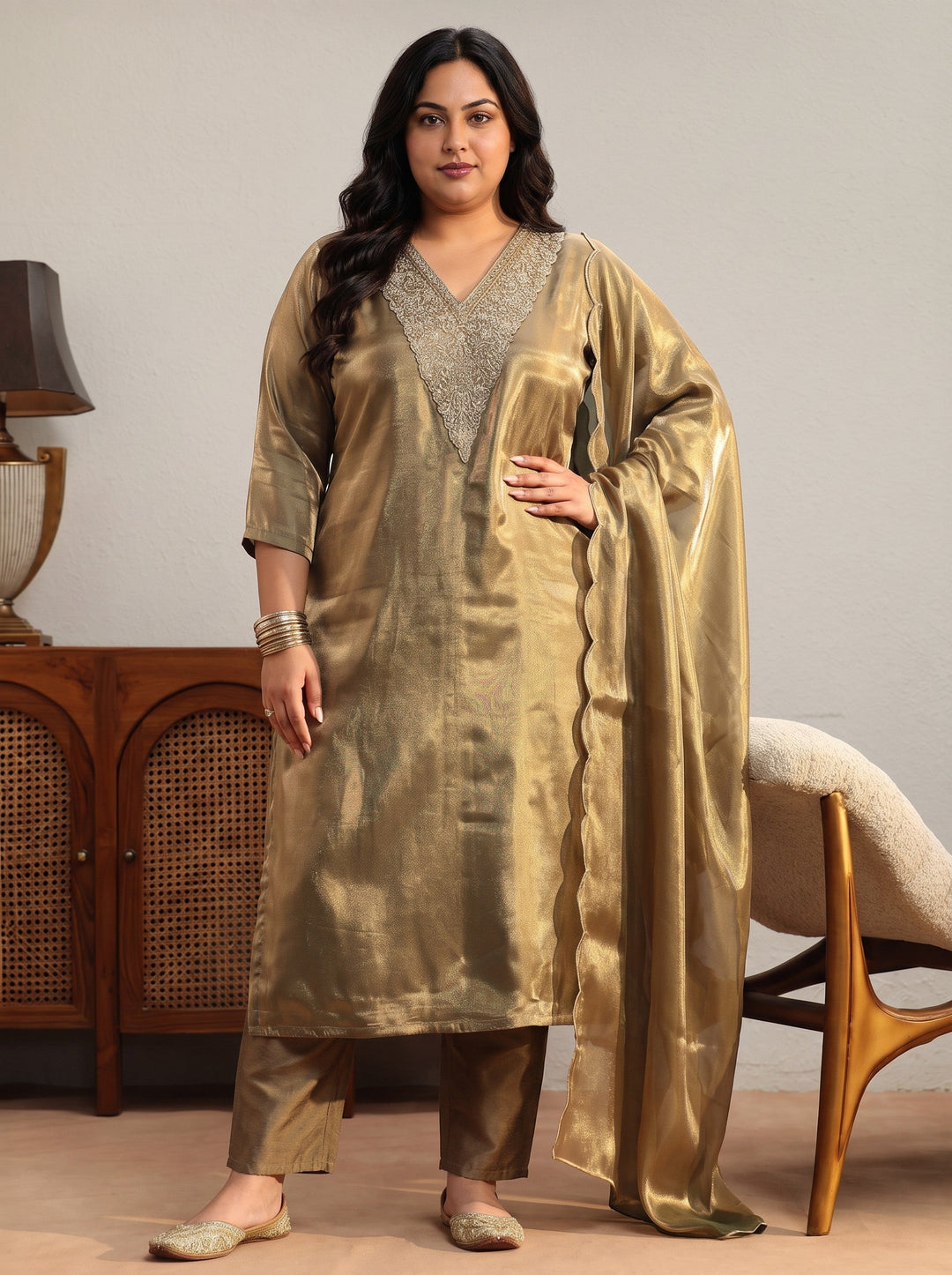 Plus Size Olive Green Yoke Design Tissue Straight Suit Set