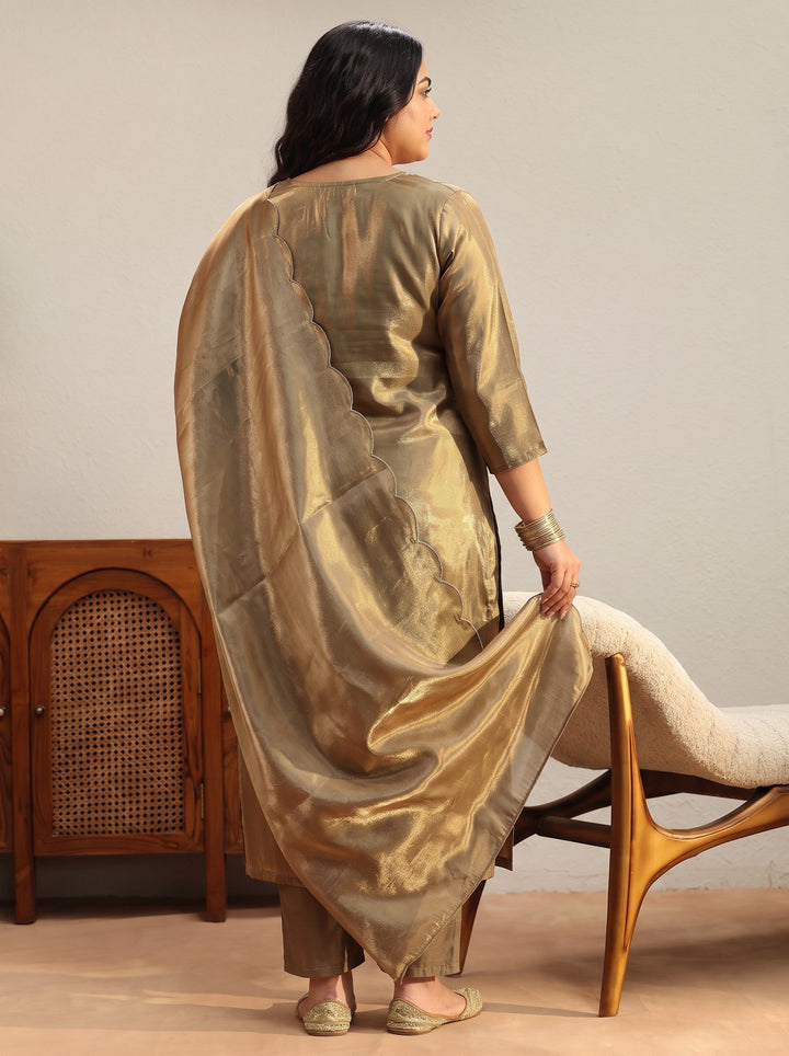 Plus Size Olive Green Yoke Design Tissue Straight Suit Set