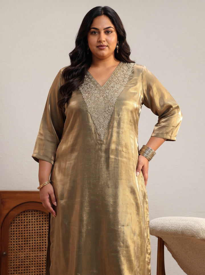 Plus Size Olive Green Yoke Design Tissue Straight Suit Set