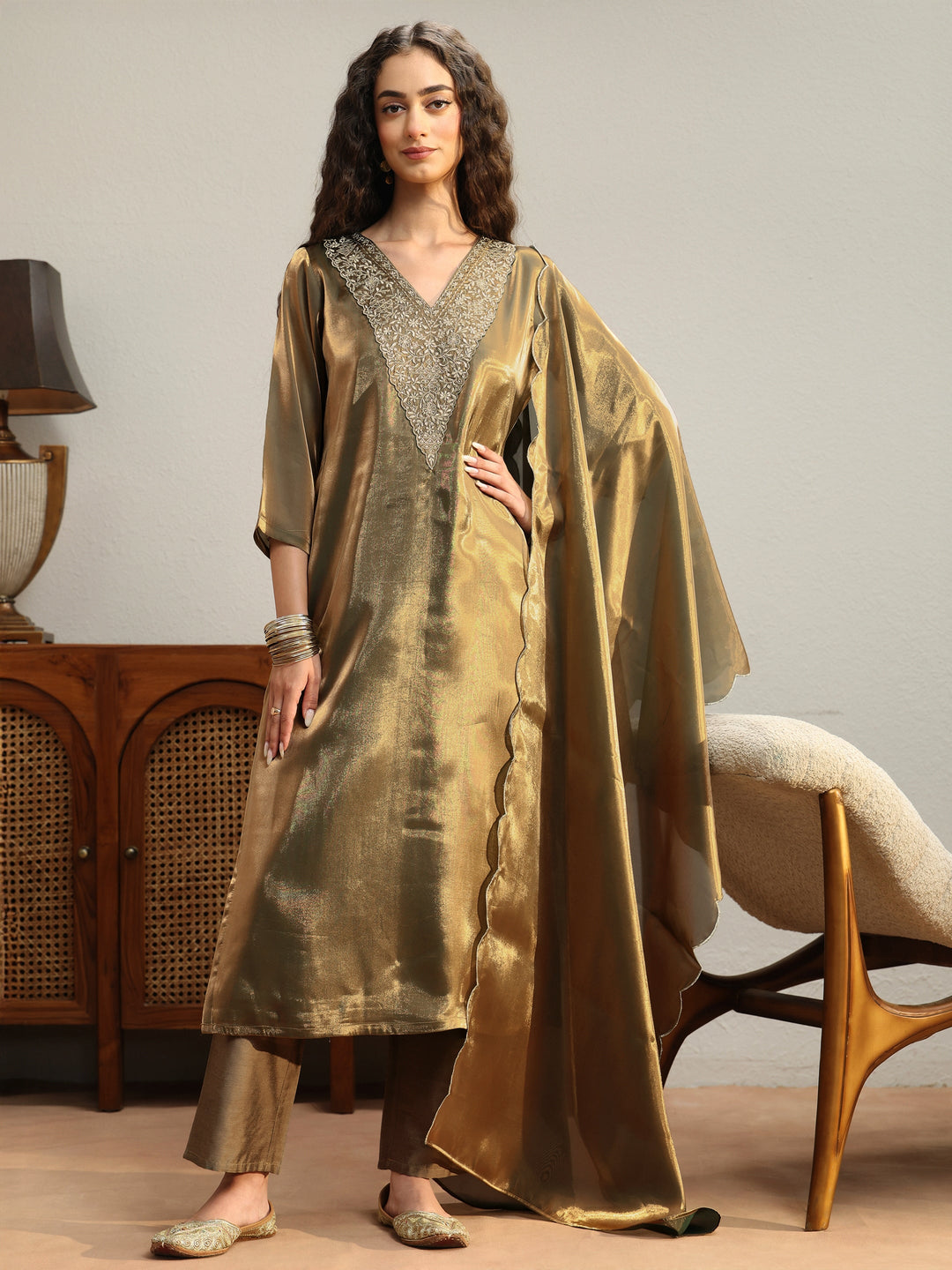 Olive Green Yoke Design Tissue Straight Suit Set
