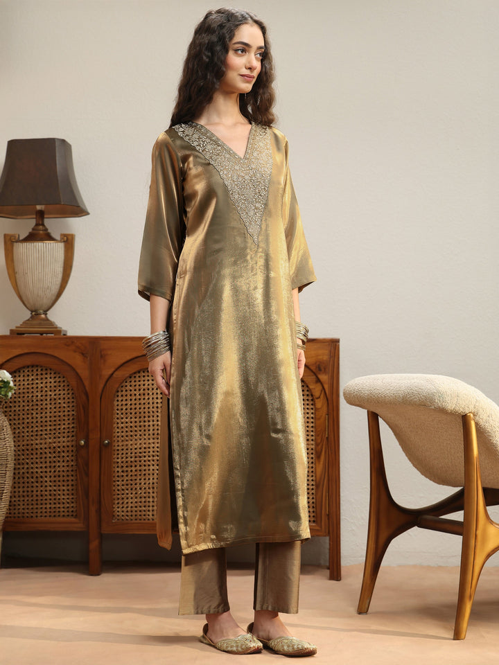 Olive Green Yoke Design Tissue Straight Suit Set