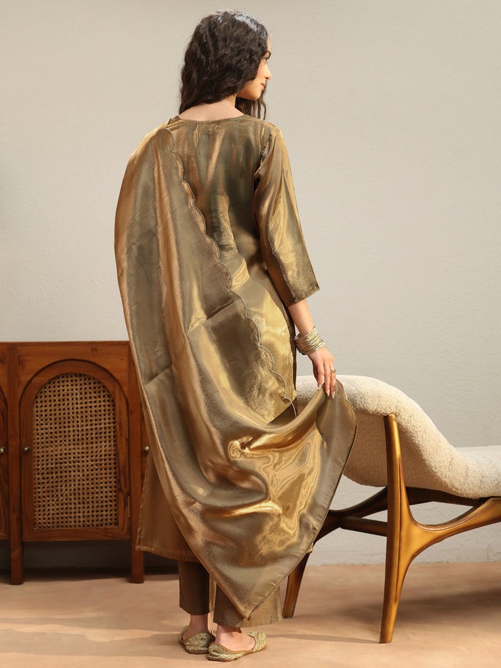 Olive Green Yoke Design Tissue Straight Suit Set