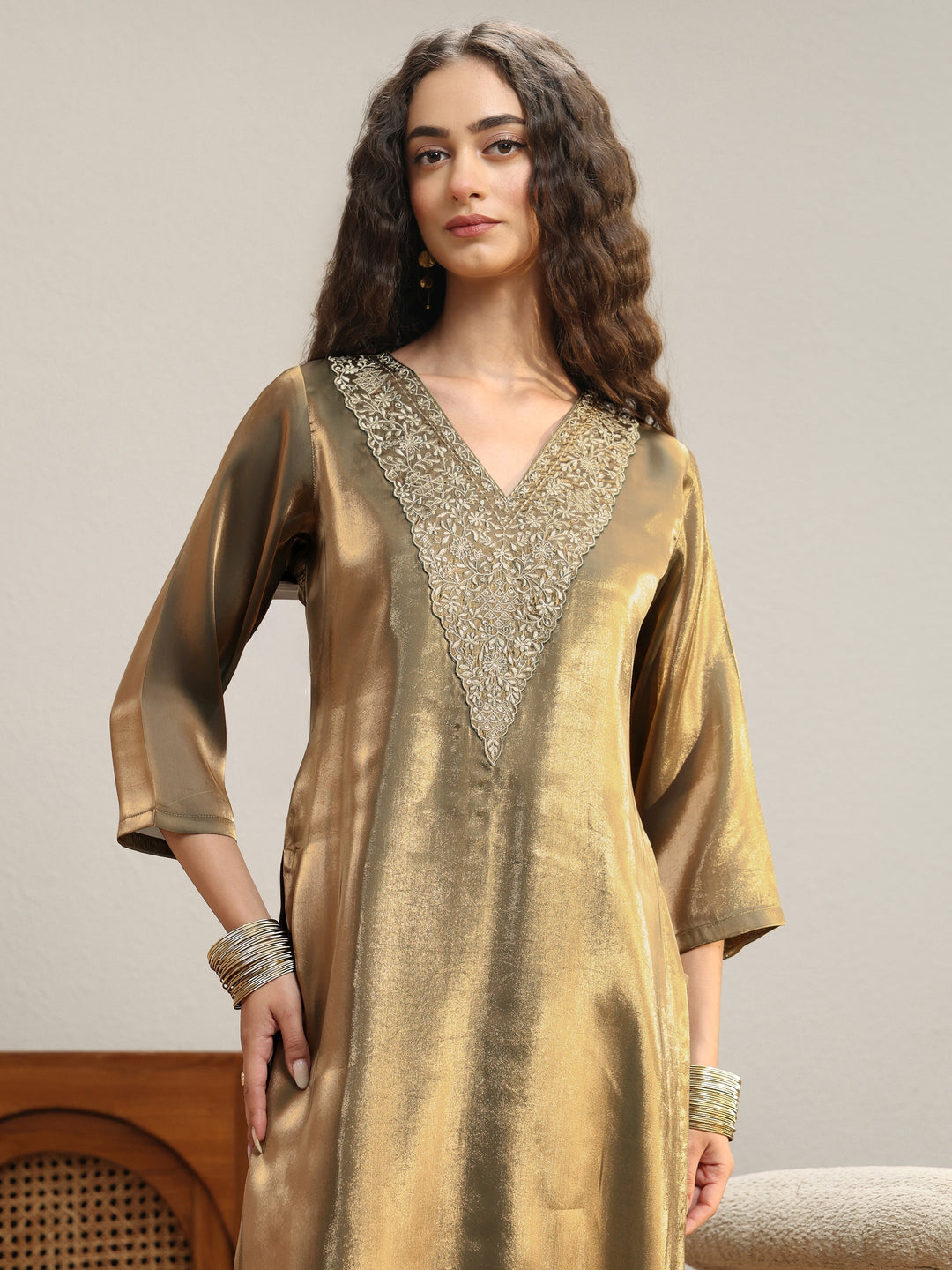 Olive Green Yoke Design Tissue Straight Suit Set