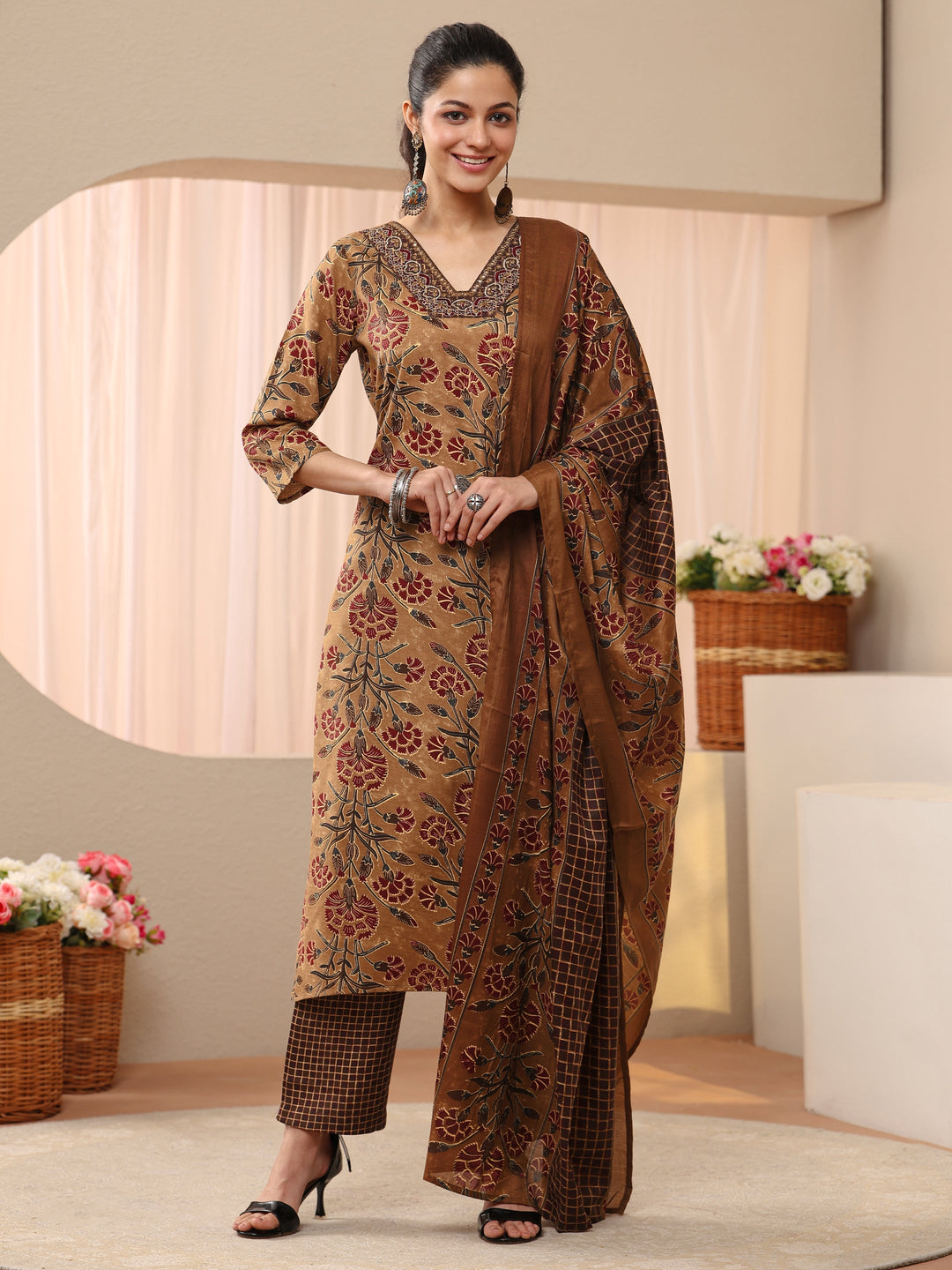 Brown Floral Printed Cotton Blend Straight Suit Set