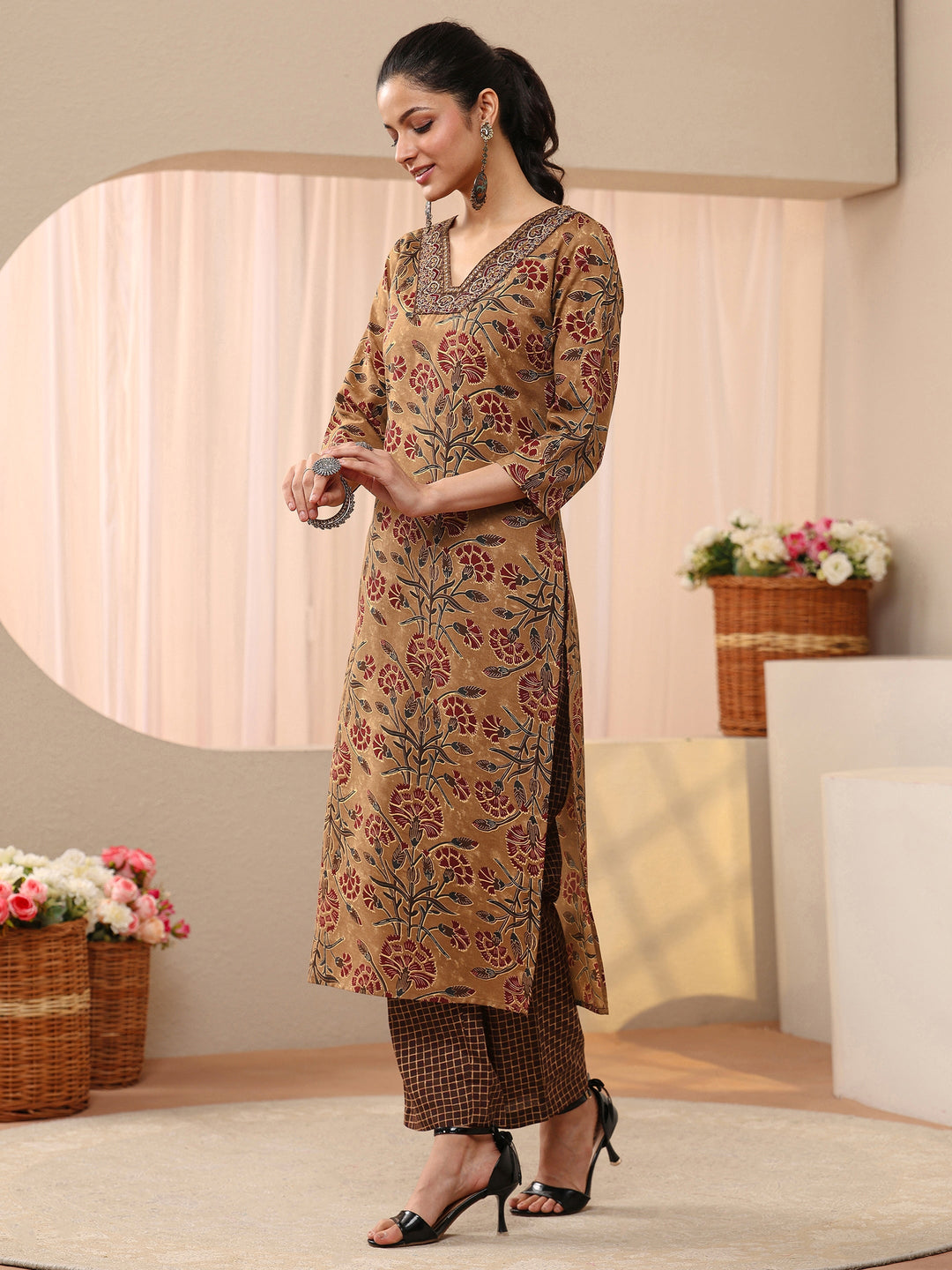Brown Floral Printed Cotton Blend Straight Suit Set