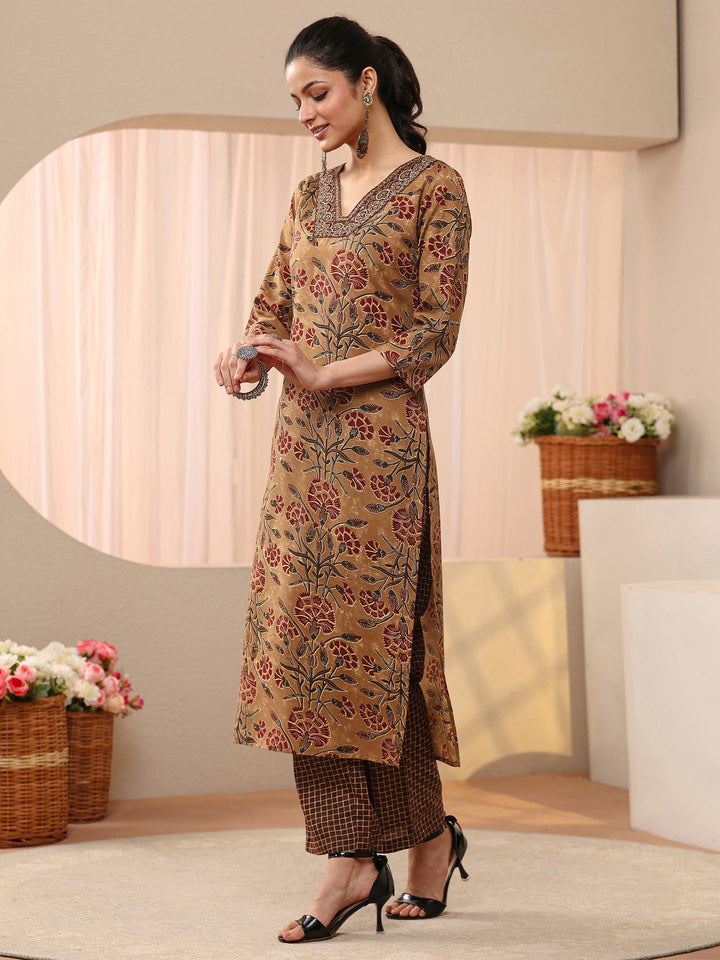 Brown Floral Printed Cotton Blend Straight Suit Set